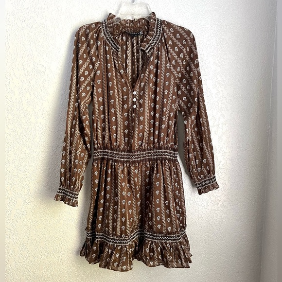 Veronica Beard Brown White Floral Casual Boho Bohemian Designer Mini Dress M - Picture 5 of 13